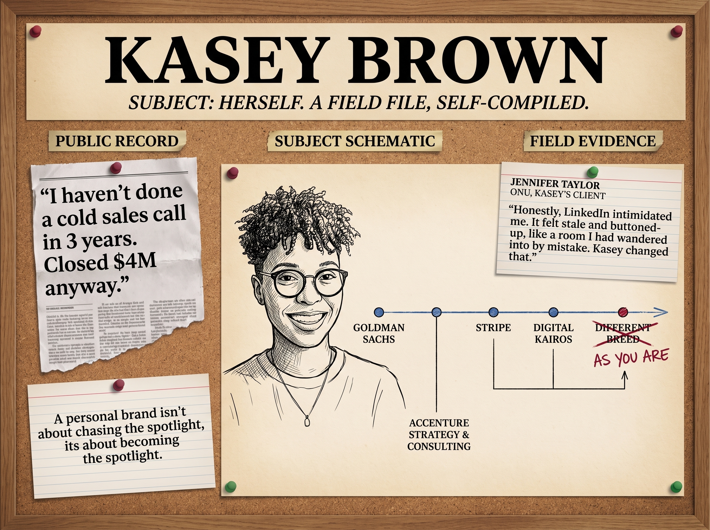 Kasey Brown's LinkedIn profile dissected as a technical specimen: her real headline, About bio, career-arc timeline, and a client recommendation, annotated corkboard style